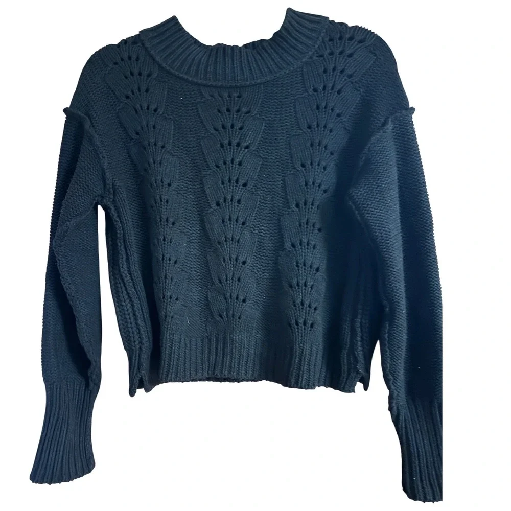 Free People Bell Song Sweater Black Pointelle Knit Pullover Boho Small
